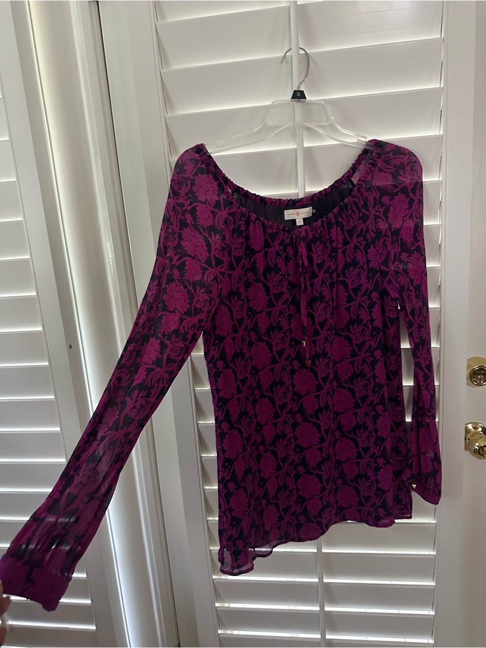 Tory Burch Purple and Black Floral Off-Shoulder Blouse